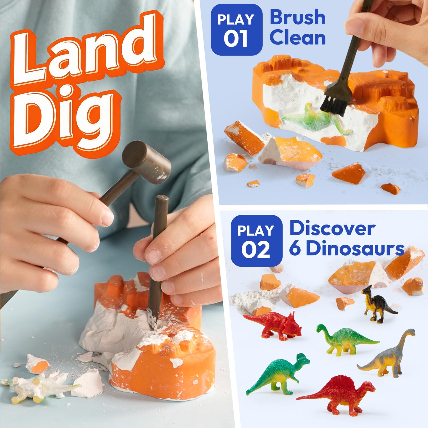 JOVA Klever Kits 3-in-1 Dinosaur Fossil Digging Kit STEM Learning Toys with Glow in The Dark Dinosaurs and Sensory Play Sand, DIY Your Own Dinosaur with 5 Color Clay, Gift for Kids Aged 6+