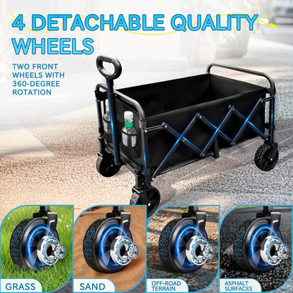 Collapsible Wagon with Wheels, 330 lbs Wagons Carts Foldable Wagon Cart, Carbon Steel Frame Structure, Lightweight Portable Folding Utility Grocery Shopping Cart for Grocery Sports Garden Camping