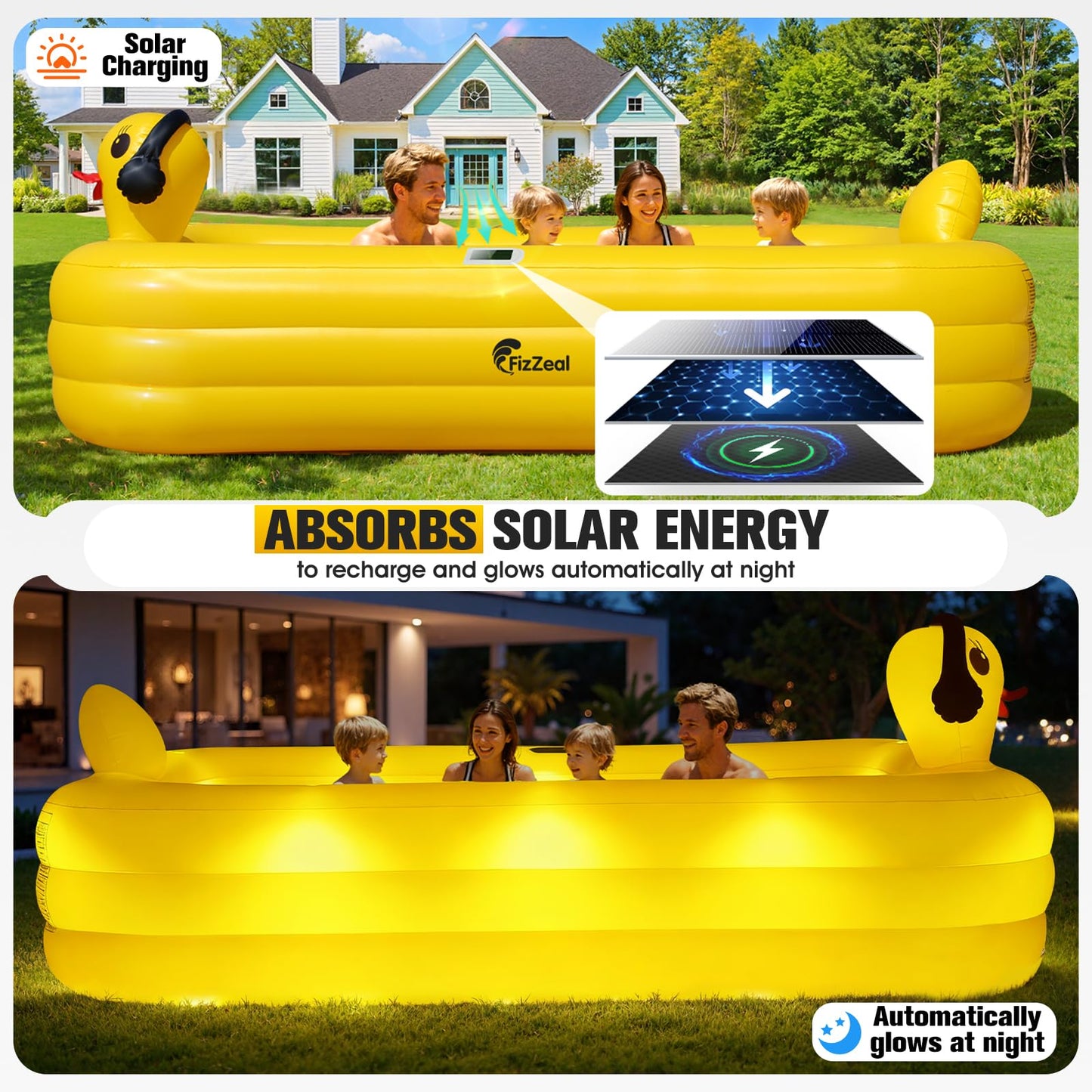 FizZeal Inflatable Pool with Lights,Solar Duck Inflatable Swimming Pool for Kid,Blow Up Pool for Adults,Large Inflatable Kiddie Pool,Durable Thickened Family Inflatable Kid Pool for Backyard 100*63*22
