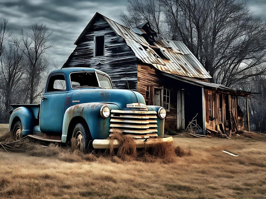 QAZWSX Blue Truck in Old Barn 5D Diamond Painting Kits for Adults, Paint with Farmhouse Diamond Art, DIY Gift Round Full Drill Crystal Crafts Gem Arts for Home Wall Decor 12x16 inch