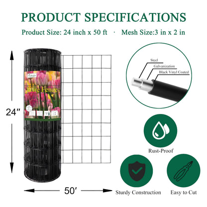 FOREHOGAR Black PVC Coated Welded Wire Fence 24 Inch x 50 Foot, 2 Inch x 3 Inch 16GA, Garden Border Fencing Roll Vinyl Coating Metal Wire Mesh for Yard Vegetable Plant Protection Poultry Netting