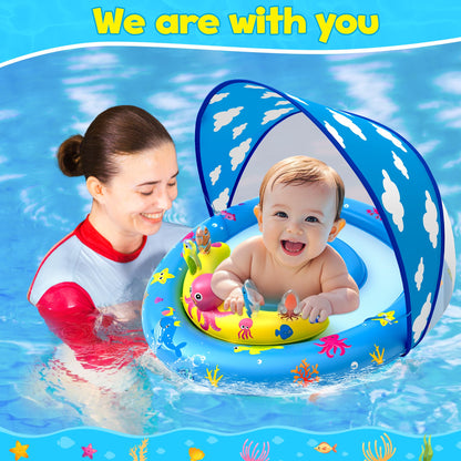 ZIZZ Baby Pool Float with Canopy - Inflatable Baby Swimming Float with UPF50+Sun Protection, Infant Pool Float with Toy Play Console Adjustable Seat for Boys Girls Toddler 6-36 Months