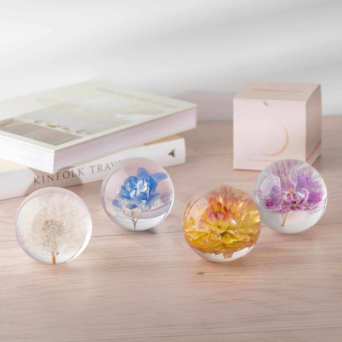 NouvoCrescent Real Purple Orchid Paperweight - Home Decor Crystal Resin Ball 3.14in (80mm) - Clear Resin Purple Orchid Flower Globe for Special Days - Sphere Figurine Office Paperweight w/Flat Bottom