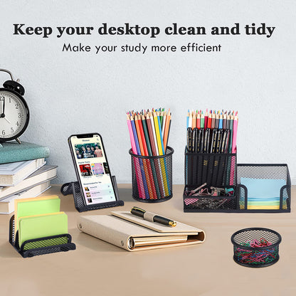 zqanve Desk Organizers set with Mesh Pen Holder Cup, 3 Compartments Black Office Supply Organizer Paper Clips Holder for Office Desk Accessories (6 Piece set, Black)