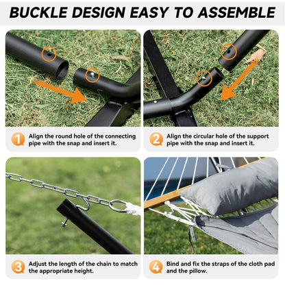 Everyfun 2 Person Outdoor Hammock with Stand, Cotton Rope Hammock with Polyester Pad, Adjustable Steel Frame, Portable with Carrying Bag – for Patio, Backyard, Garden, Beach,Dark-Gray
