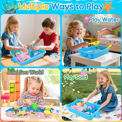 Mikiwon Ocean Sensory Bin, Sandbox Play Sand Art Kit with 3.3lbs Play Sand, Sea Animal Toys Molds, Sensory Play for Girls Boys Age 3 4 5 6 7 8, Beach Toys for Kids Xmas Birthday Gifts