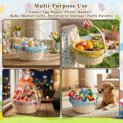 Lanpn Natural Bamboo Easter Basket 3PCS with Removable Bunny Fabric Liner and Raffia Grass for Egg Hunt Candy Picnic Seasonal Decoration (Yellow Pink Blue)