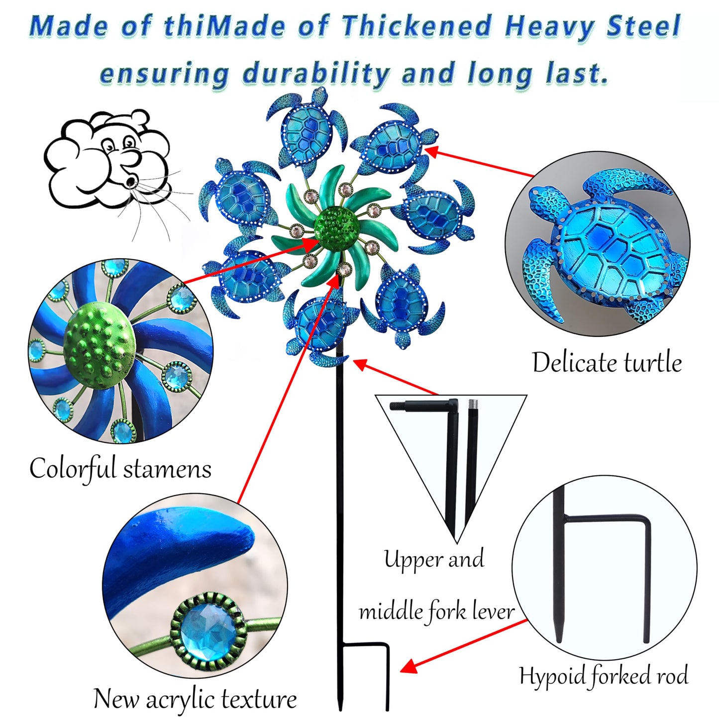 COOZZYHOUR 39" Sea Turtle Wind Spinners Metal Garden Stake-Outdoor Ocean Theme Wind Spinners -Wind Sculpture Yard Art Decorations for Patio,Lawn & Garden Decor-Blue