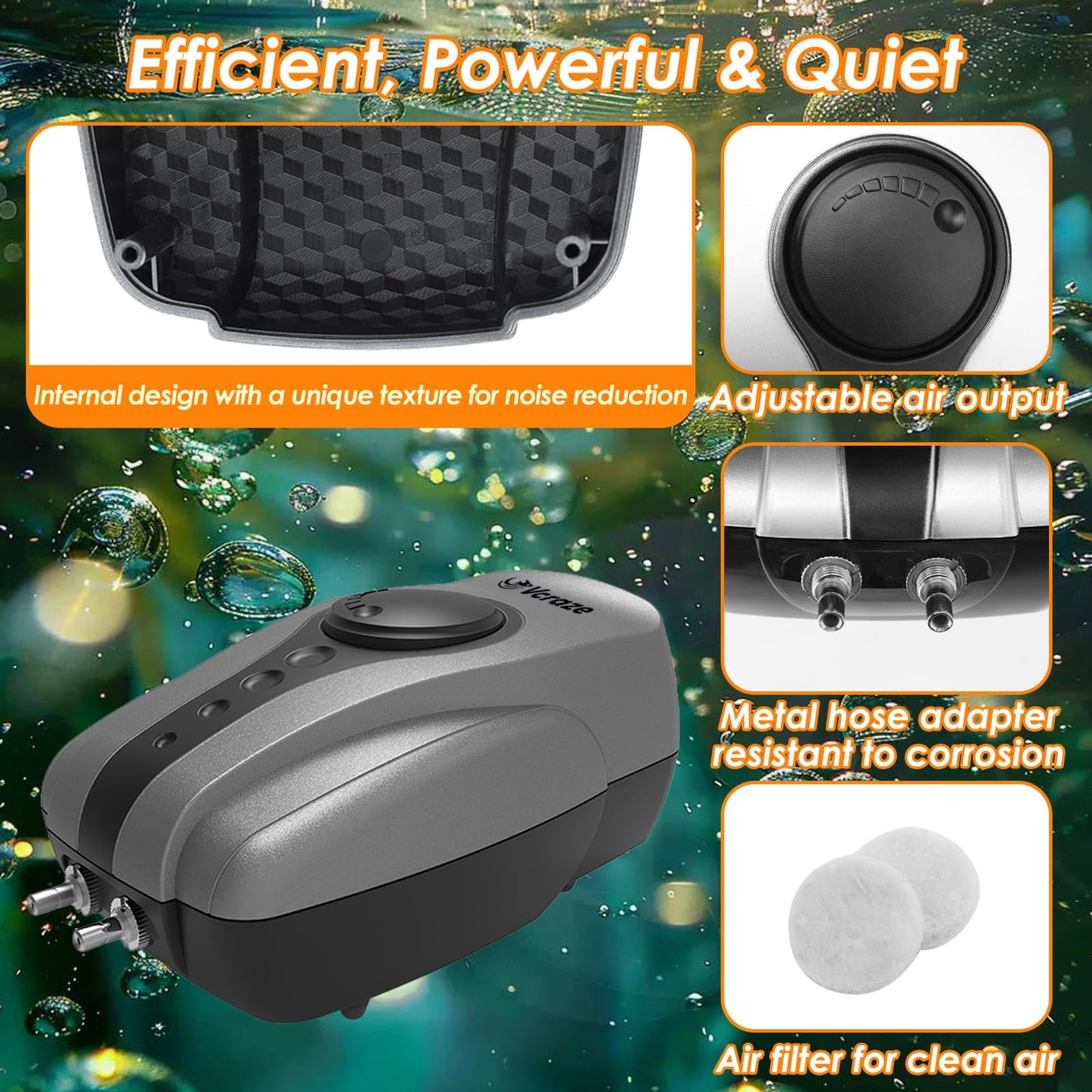 VCRAZE Pond Aerator Pump Pond Aeration Kit with Check Valves Air Stones Airline Tubing, All-in-1 Pond Air Pumps for Outdoor Ponds up to 1000 Gallon
