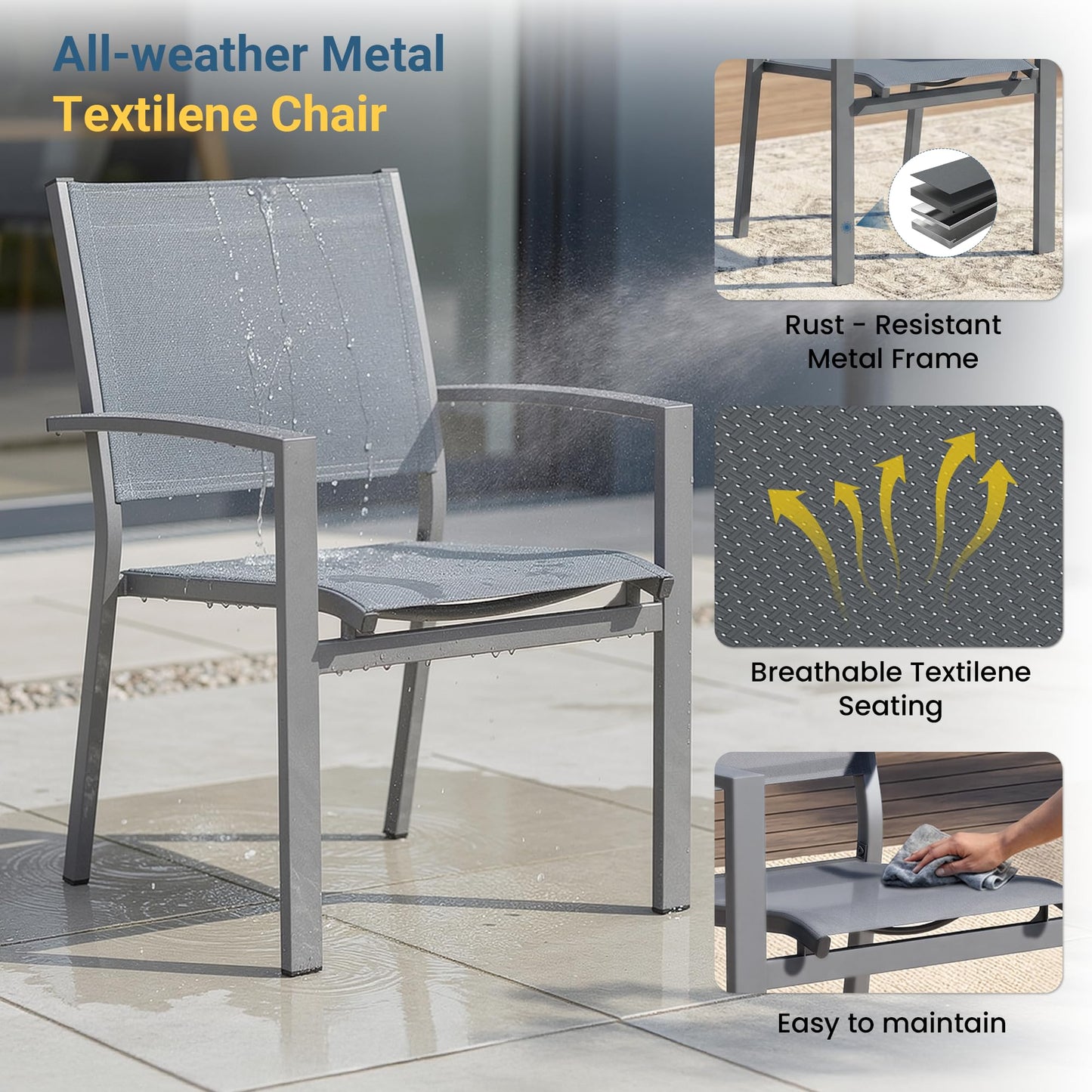 Wisteria Lane Patio Table and Chairs for 4, Outdoor Patio Dining Furniture Set with Aluminum Table and Metal Textilene Chairs, All-Weather Patio Table Set with HDPS Square Tabletop for Garden Porch