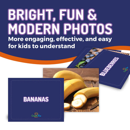 50 Food Double Sided Flash Cards - Nutritious Fruits, Heathly Vegetables, Yummy Desserts & Snacks - Educational Learning Picture Cards for Kids, Adults, Speech Therapy, ESL, ABA, Autism, Dementia