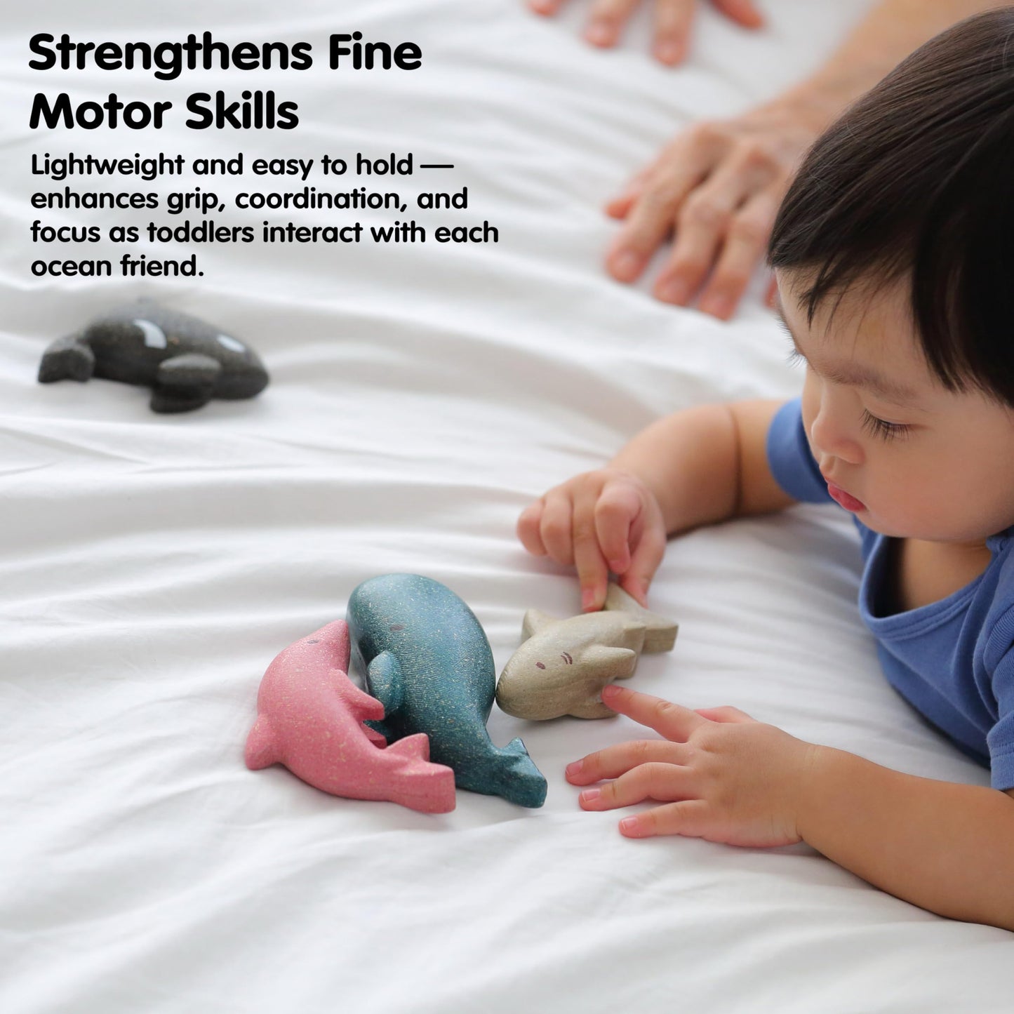 PlanToys® Wooden Sea Life 4-Piece Set Dolphin, Orca, Whale and Shark Figurines | Montessori Toy for Imaginative Play | Supports Language and Social Skills | Eco Friendly for Bath and Water Play