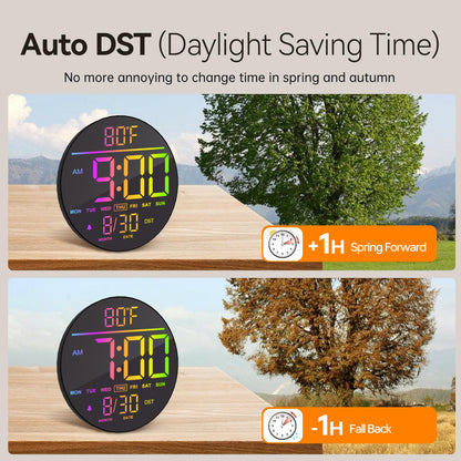 JALL 10" Large Digital Wall Clock with Seconds, Alarm Countdown Timer, Big LED Display, RGB Color, DST, Temperature, Mounted for Bedroom Living Room Office Classroom Gym, Xmas Birthday Gift, Blue