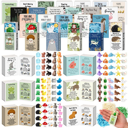 Cinnvoice 100 Sets Emotional Employee Appreciation Gift Bulk Positive Tiny Animals with Inspirational Card Box Breathing Gift for Dispatcher Lab Week Staff Coworker Team Teacher Nurse (Various Styles)
