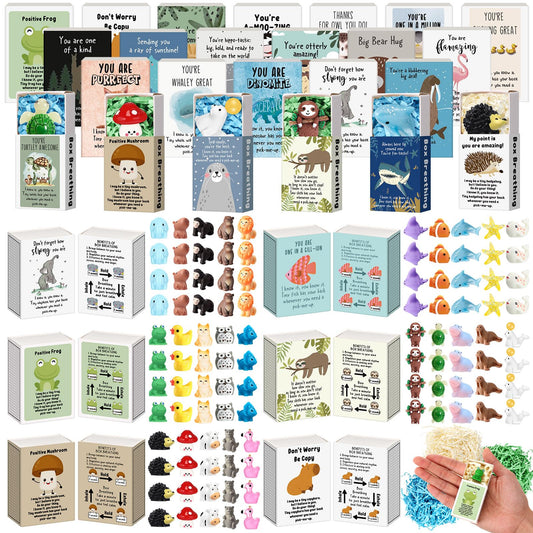 Cinnvoice 100 Sets Emotional Employee Appreciation Gift Bulk Positive Tiny Animals with Inspirational Card Box Breathing Gift for Dispatcher Lab Week Staff Coworker Team Teacher Nurse (Various Styles)