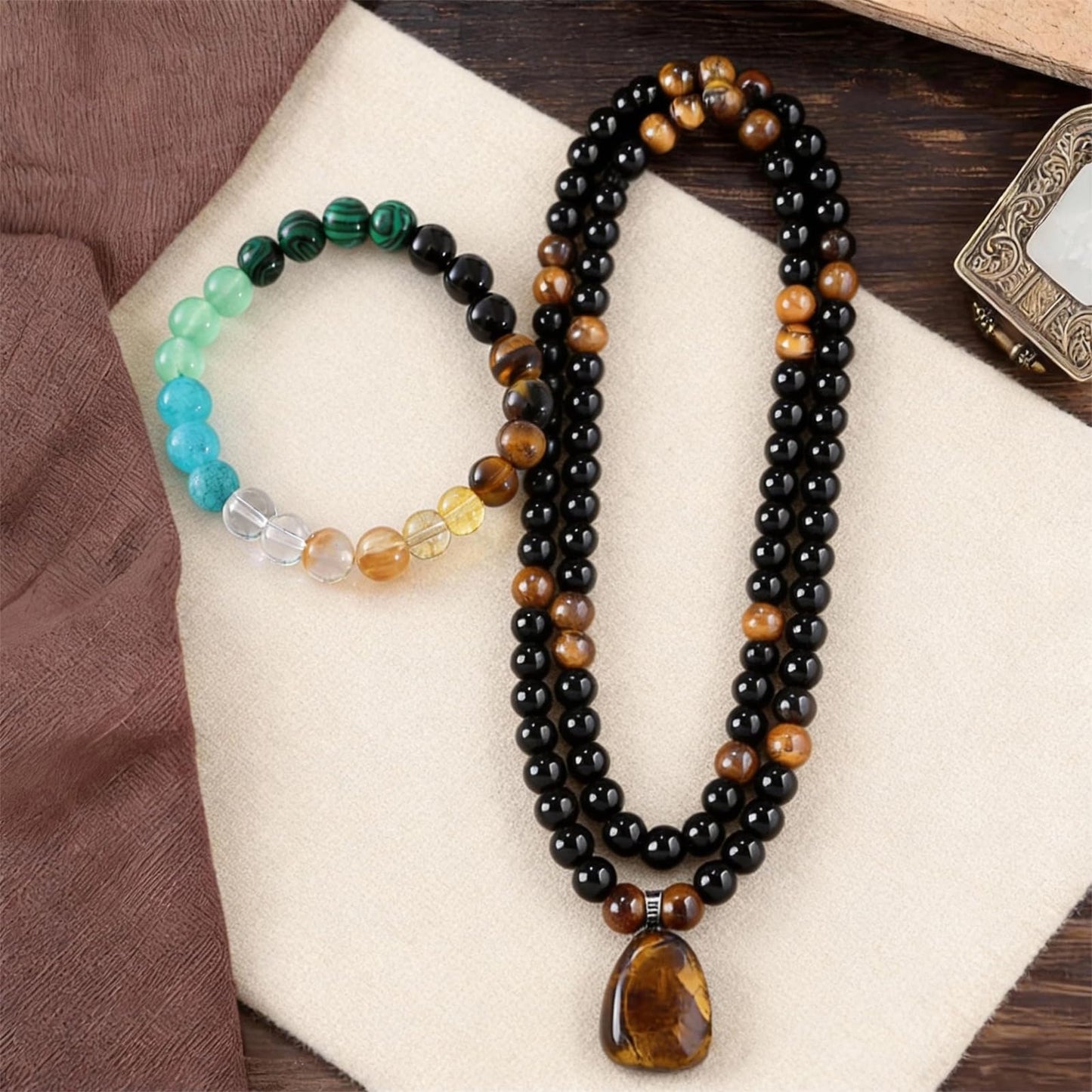 Money Necklace Bracelet Jewelry Set for Women Men Money Attraction Green Beaded Tiger Eye Feng Shui Good Luck Wealth Jade Healing Crystal Stone Long Sweater Chain Anniversary Vacation Jewelry Gifts