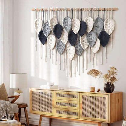 Weldomcor Macrame Wall Hanging Leaf Woven Tapestry Bohemian Chic Wall Hanging Feather Large Handmade Wall Art Decor for Bedroom Living Room Apartment Ornament, 39 inch