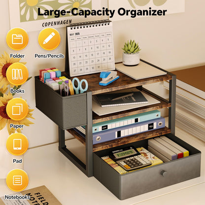 Desk Organizers and Accessories, 4-Tier Paper Letter Tray File Organizer with Fabric Drawer & 3 Pen Holder, Office Desk Accessories Workspace Desktop Organizer for Office Supplies, Rustic Brown