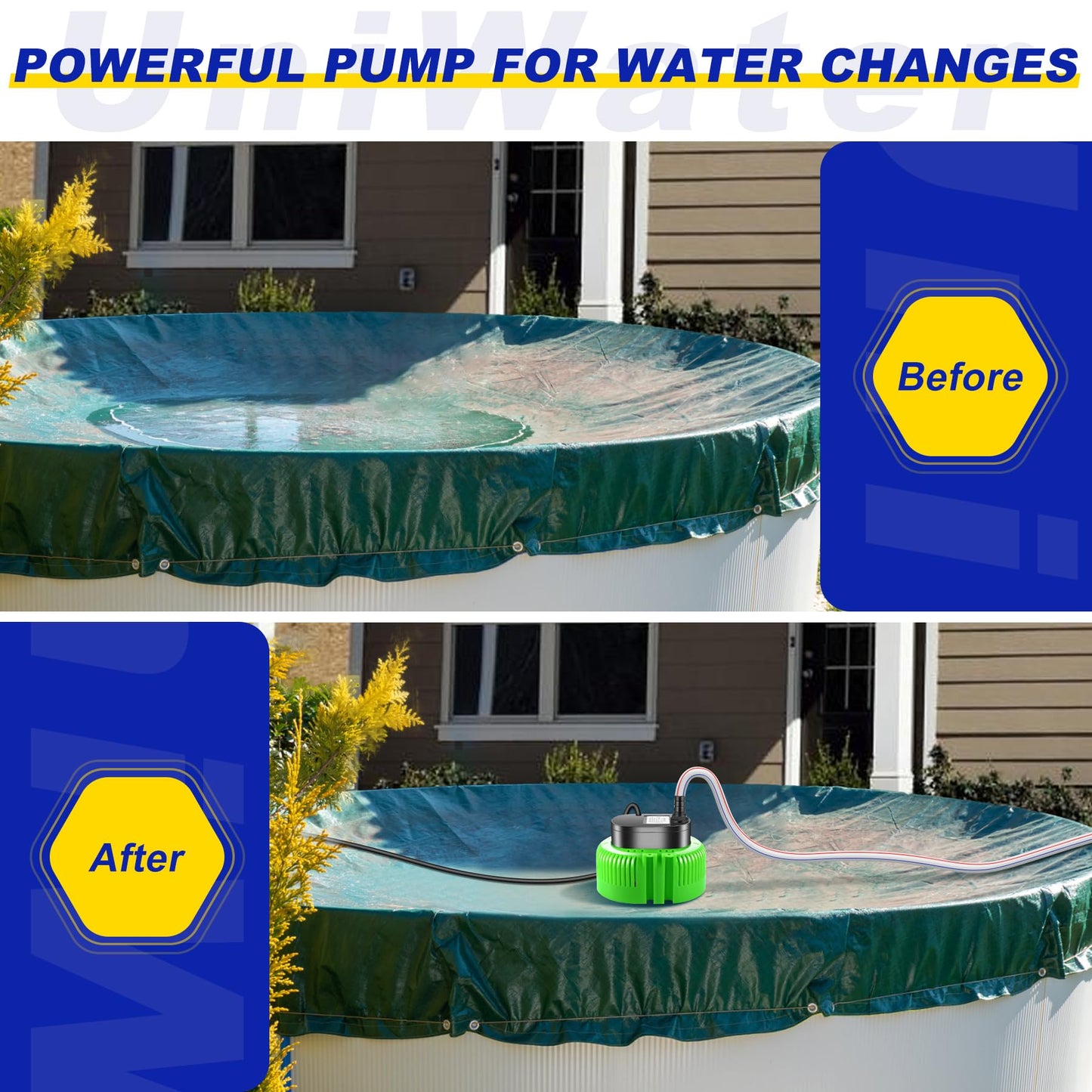 UniWater Pool Cover Pump above Ground-Submersible Sump Pump Swimming Water Removal Pumps, Sump Pumps for Pool Draining with 16ft Drainage Hose & 25 ft Extra Long Power Cord,850 GPH,3 Adapters-Green