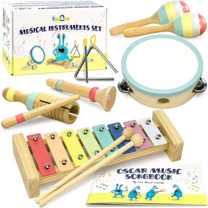 MINIARTIS Musical Instruments Set - Montessori Wooden Toys for Toddlers 1-3 | Modern Boho Baby Xylophone with Songbook | Neutral Colors Percussion Instruments | Kids Preschool Educational