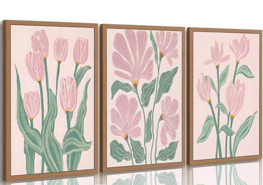 3 Pcs Pink Tulips Flowers Canvas Wall Art Boho Pink and Green Abstract Floral Botanical Paintings Pictures Wall Decor Poster Print Artwork for Living Room Bedroom Home Decoration Unframed