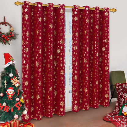 FRAMICS Christmas Curtains for Living Room and Bedroom - Gold Snowflake Foil Print, Blackout, Red, 84 Inch Length, 2 Panels Set, Grommet Window Curtains for Winter