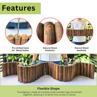 LaLaGreen Decorative Landscape Edging (30"x6", 4 Pack) Brown Wooden Fence Panels with Metal Stakes, Flowers Bed Landscape Fencing for Lawn Yard Patio Pathway Decor Tree Rings Garden Barries Outdoor