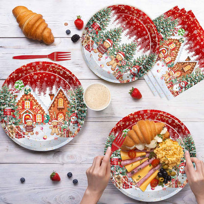 Joliaco 96 Pcs Red Gingerbread House Tableware Set Christmas Candy House Gingerbread Man Disposable Paper Plates and Napkins Xmas Candyland Party Supplies for 24 Guests