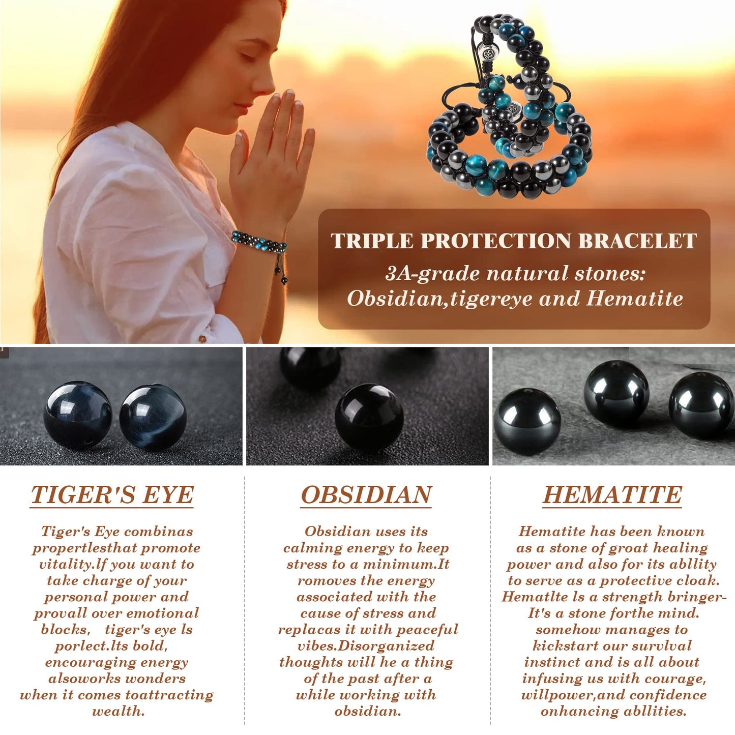 Triple Protection Bracelet - for Protect & Balance - Energy Crystal Bracelets for Men Women - Bring Good Luck & Prosperity - Tiger Eye Hematite & Black Obsidian Jewelry Natural Stone Healing Bracelet