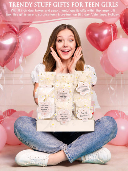Easter Basket Gifts for Tween & Teen Girls, 8 PCS Birthday Gift Teenage Girl Gifts Trendy Stuff w/Fun Task Tag Makeup Brushes & Bag, Empower Positive Wrapped Gift Prefilled Stuffers for Daughter Niece