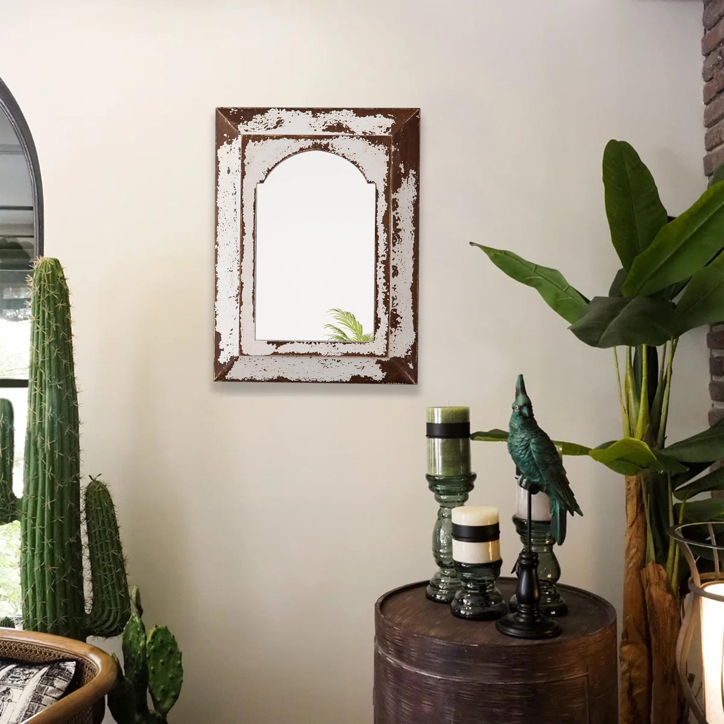 Sintosin Farmhouse Small Arched Mirrors for Wall Decor Living Room 16 X 12 Inch, Hanging Distressed Rectangular Carved Wood Frame Entryway Mirror, Handmade Antique Bathroom Mirrors for Over Sink