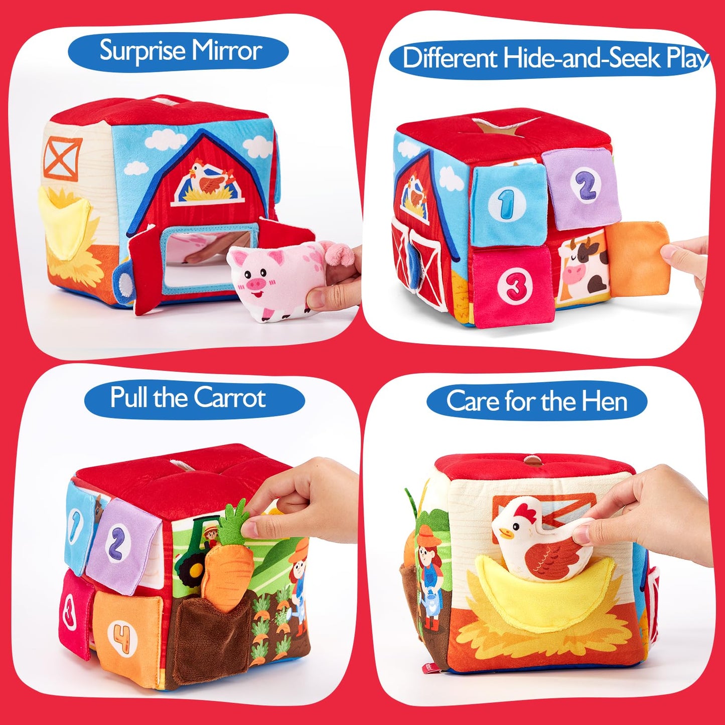hahaland Baby Toys 6-12 Months - Mystery Soft Box with 12 Sensory Farm Animals Plush, Whats Inside Box with Rattle, Crinkle, Squeaker, Mirror, Montessori Toys for 6 Month Old Easter Basket Stuffers