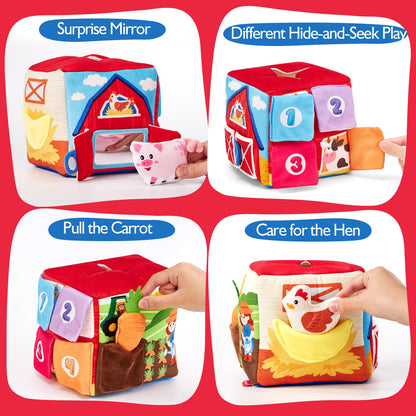 hahaland Baby Toys 6-12 Months - Mystery Soft Box with 12 Sensory Farm Animals Plush, Whats Inside Box with Rattle, Crinkle, Squeaker, Mirror, Montessori Toys for 6 Month Old Easter Basket Stuffers