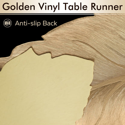 FAVE Gold Small Table Runner 36 Inch Heat Resistant Vinyl Table Cover for Dinner Party Wedding Decor (Leaves)