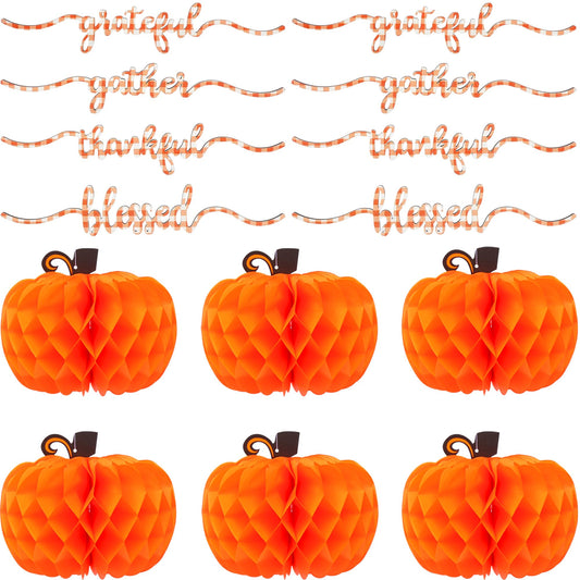 KatchOn, Pumpkin Table Centerpieces And Thanksgiving Wooden Cutout Sign Set – Pack of 14 | Honeycomb Paper Pumpkins And Thankful Blessed Grateful Word Signs For Thanksgiving Table And Fall Decorations