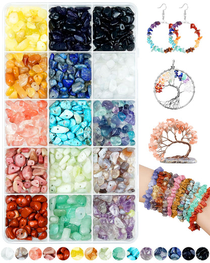 FIVEIZERO 600pcs Natural Chip Stone Beads 5-8mm - 15 Color Crystal Chip Beads for Jewelry Making, Valentine's Day Bracelet,DIY Irregular Gemstone Beads with Drilled Holes