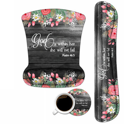 Keyboard Wrist Rest and Mouse Wrist Rest Pad Set with Coasters, Ergonomic Support, Non-Slip PU Base, Easy Typing & Pain Relief for Home Office Working Studying, Floral Quote Bible Verses Psalm 46:5