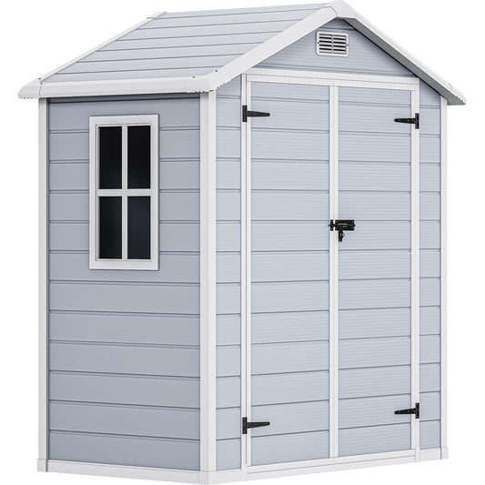 DWVO 6x4 FT Resin Storage Shed with Reinforced Floor, Outdoor Storage Shed with Lockable Door, Window and Vents, Waterproof Plastic Tool Storage for Garden, Backyard, Patio, Lawn