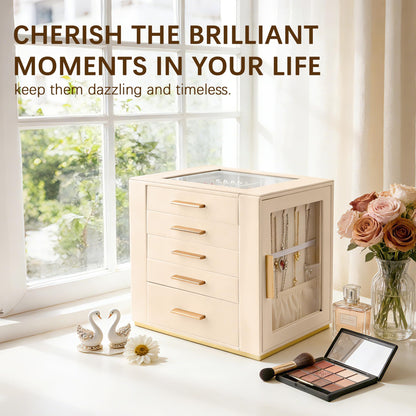 Homeanda Jewelry Box for Women with Glass Lid, 5 Drawers Jewelry Organizer and Storage for Necklaces, Rings, Earrings, Bracelets, Gift for Girls and Teens,PU Leather (Beige)