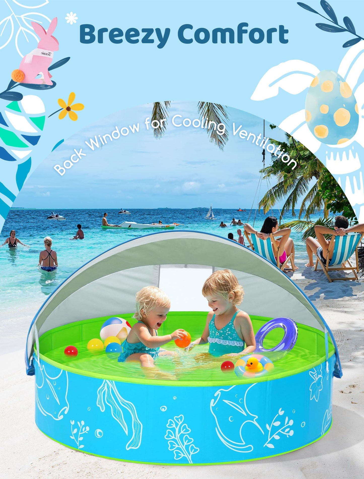 Hikiddy Foldable Kiddie Pool with Canopy: 31.5in/ 47in /63in for Baby Toddler Kids Family - Summer Water Play Pool with Shade - Portable for Outdoor Backyard Beach (Blue-Green, 47in)