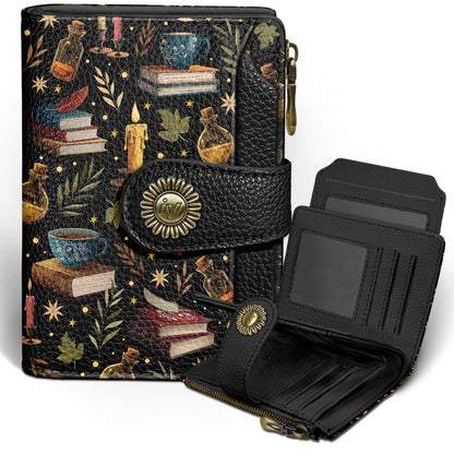 Icycay Book Witchy Wallet Women Small RFID Blocking Bifold, Credit Card Holder, Zipper Coin Pocket, PU Leather, Compact, Travel, 4 ID Window, 14 Card Slots, Cash Purse, Ladies Woman Female Girls