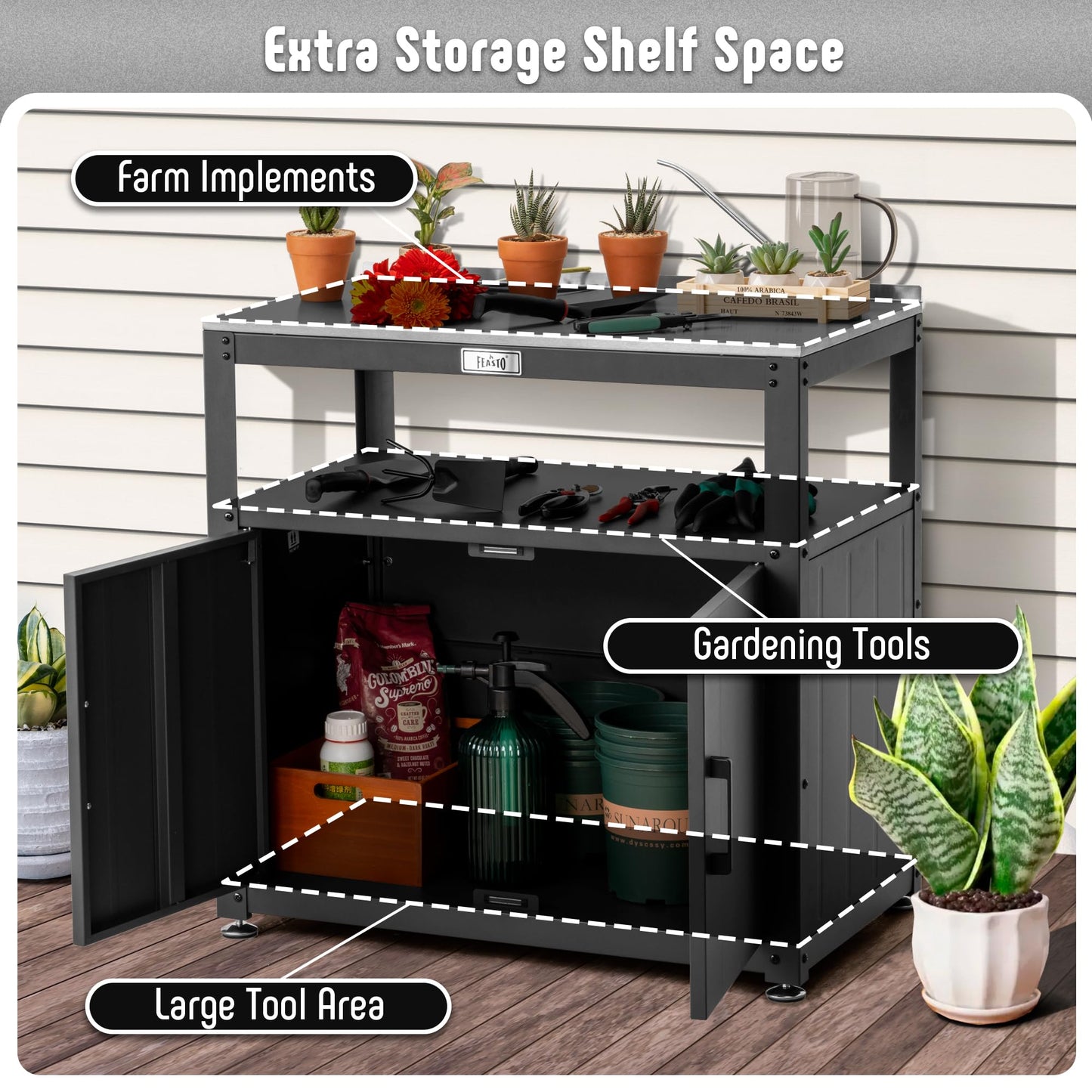 Feasto Garden Potting Bench with Storage, Outdoor Potting Table & Garden Work Bench for Plants, Horticulture, Outdoor Potting Station with Stainless Steel Tabletop, Outdoor Work Table