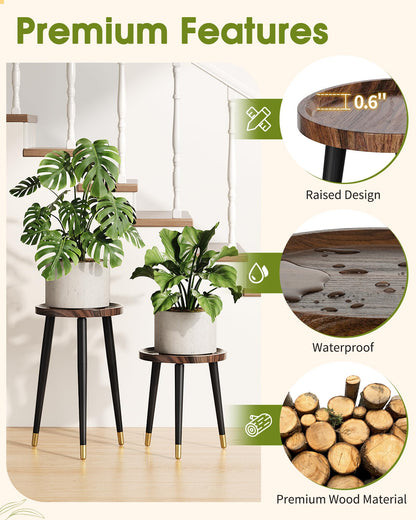 AZADESJET Plant Stand Indoor 2 Pack, Wood Mid Century Indoor Plant Stand, Tall Plant Stands for Flower Pot, Modern Plant Table, Small Side End Table With Raised Design, Walnut, 11.7"x18.8" & 11.7"x13"