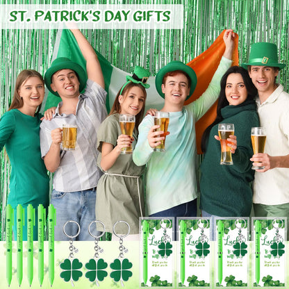 Fullhawl 12 Sets Shamrock Pen Gifts Bulk for Employee Good Luck Ballpoint Pens Clover Keychains with Thank You Cards for Teacher End of Year Team Staff Coworker Graduation