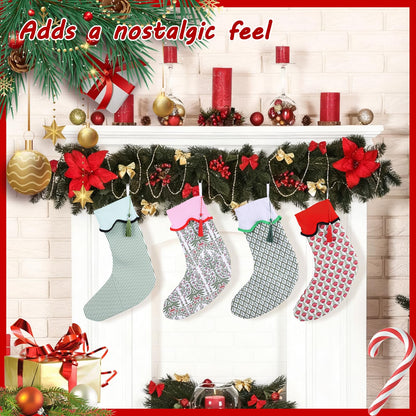 4 Pack Christmas Stockings Green Red Block Print Holiday Scalloped Stockings 22" Canvas Floral Nature Xmas Socks with Tassel Rustic Christmas Hanging Decorations for Stairs Fireplace Xmas Home Decor