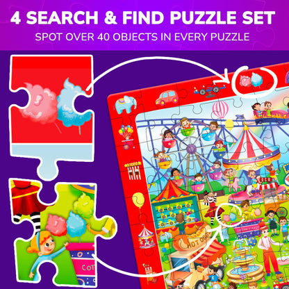 QUOKKA 100 Piece Puzzles for Kids Ages 4-6 – 4xSET Search and Find Kids Puzzles Ages 5-8 – Artist-Crafted Illustrations, Hidden Objects, Unique Jigsaw Shapes, Educational Activity for Learning & Play