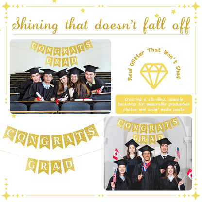 Pre-Strung Congrats Grad Banner - Glitter Graduation Party Decorations 2026, Large No DIY Class of 2026 Sign for High School College Masters Nursing Party Supplies, Sturdy Swallowtail Bunting (Golden )