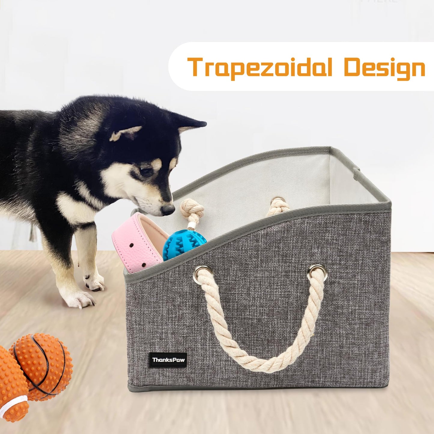 Thankspaw Collapsible Fabric Dog Toy Box and Storage Bin With Handle - Trapezoid Basket Chest Organizer for Pet Toys, Blankets and Accessories