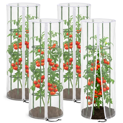 4 Pcs Garden Bird Netting Cover for Round Tomato Cage, 59" x 18" Tomato Trellis Insect Barrier Protection Mesh, Plant Cage Garden Net Cover with Zipper for Vertical Climbing Plants Vegetables Fruits