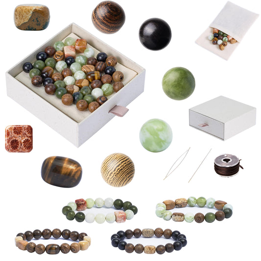 Geezon Navis Bracelet Making Kit - 10mm Natural Stone Beads with Wooden Beads - 48pcs Multicolor - DIY Jewelry Making Starter Kit Adult Men Women Birthday Mothers Day Gift Craft (48, Color A)